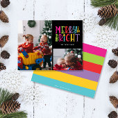 Vrolijk & Helder Kleurrijke Strepen 2-foto Kerstmi Feestdagenkaart