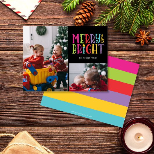 Vrolijk & Helder Kleurrijke Strepen 2-foto Kerstmi Feestdagenkaart
