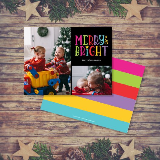 Vrolijk & Helder Kleurrijke Strepen 2-foto Kerstmi Feestdagenkaart