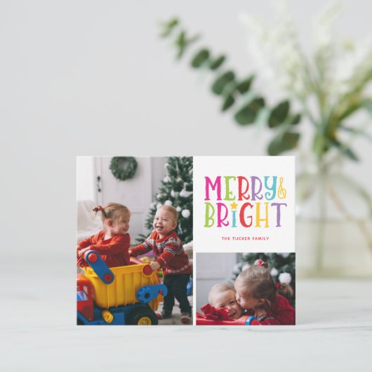 Vrolijk & Helder Kleurrijke Strepen 2-foto Kerstmi Feestdagenkaart (Staand voorkant)