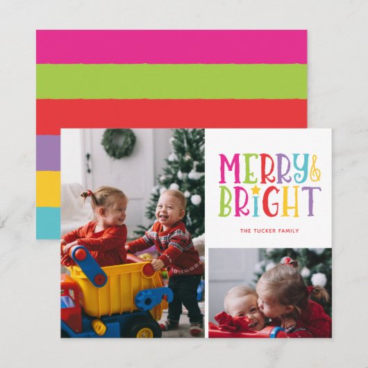 Vrolijk & Helder Kleurrijke Strepen 2-foto Kerstmi Feestdagenkaart (Voorkant / Achterkant)