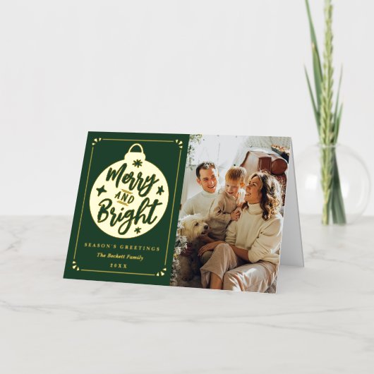 Vrolijk & Helder Modern Kerstmis Bauble Foto Echt Folie Feestdagenkaart (Voorkant)