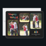 Vrolijk & Helder Retro Kleurrijk 4 Foto Kerstmis Feestdagenkaart<br><div class="desc">Op de kleurrijke kerstkaart staat de tekst "Merry & Bright" in meerkleurige retro tekst op een zwarte achtergrond. Het ontwerp biedt vier fotolijsten voor uw favoriete familiefoto's. Fotografie © Storytree Studios,  Stanford,  CA</div>