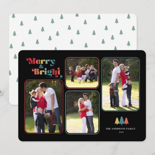 Vrolijk & Helder Retro Kleurrijk 4 Foto Kerstmis Feestdagenkaart (Voorkant / Achterkant)
