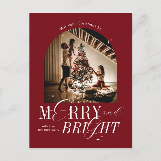 Vrolijk & Helder Rood Elegant Script Foto Kerstmis Feestdagenkaart (Voorkant)