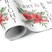 Vrolijk helder rood poinsettia Holly Floral Christ Cadeaupapier (Rol Hoek)