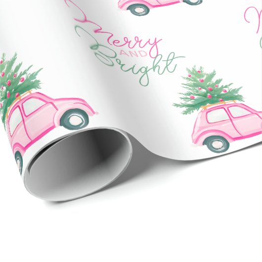 Vrolijk & Helder Roze Kerstboom van de Kerstauto Cadeaupapier (Rol Hoek)