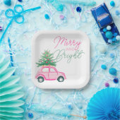 Vrolijk & Helder Roze Kerstboom van de Kerstauto Papieren Bordje (Feest)