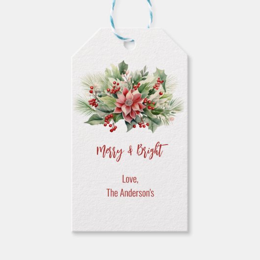 Vrolijk heldere poinsettia bessen kerstvakantie cadeaulabel (Voorkant)
