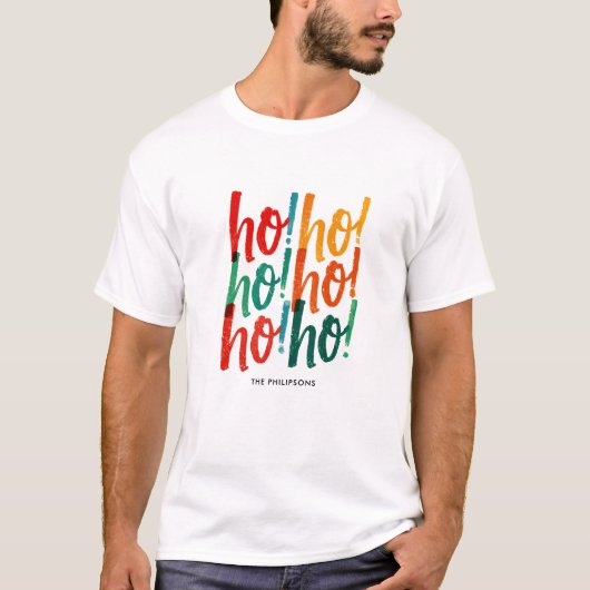 Vrolijk Ho Ho Ho Rood Groen Kerstborstel Script T-shirt (Voorkant)