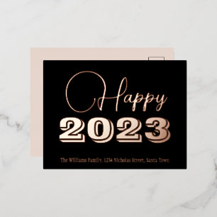 Vrolijk jaar 2023, zwart en Roos Gold Foil Folie Feestdagen Briefkaart