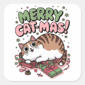 Vrolijk katje! Schattigee Kerst Kat Vierkante Stic Sticker (Voorkant)