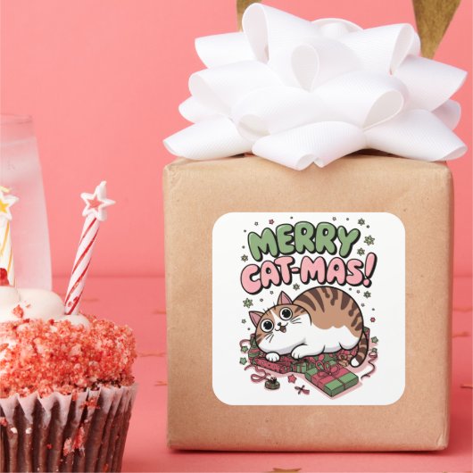 Vrolijk katje! Schattigee Kerst Kat Vierkante Stic Sticker (Feest)