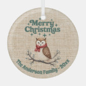 Vrolijk Kerst beige jute schattige uil groen Glas Ornament (Voorkant)