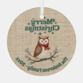 Vrolijk Kerst beige jute schattige uil groen Glas Ornament (Achterkant)