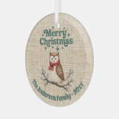 Vrolijk Kerst beige jute schattige uil groen Glas Ornament (Voorkant links)