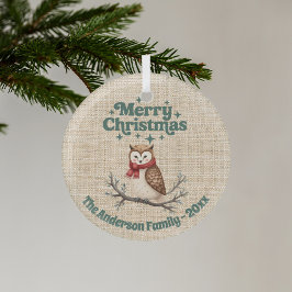 Vrolijk Kerst beige jute schattige uil groen Glas Ornament