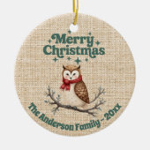 Vrolijk Kerst beige jute schattige uil groen Keramisch Ornament (Voorkant)