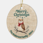 Vrolijk Kerst beige jute schattige uil groen Keramisch Ornament (Links)
