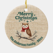 Vrolijk Kerst beige jute schattige uil groen Keramisch Ornament (Achterkant)