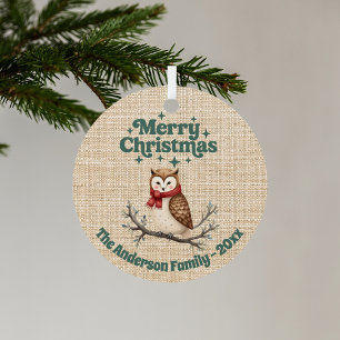 Vrolijk Kerst beige jute schattige uil groen Metalen Ornament
