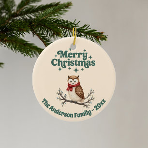 Vrolijk Kerst beige rustieke cadeau schattige uil Keramisch Ornament
