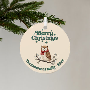 Vrolijk Kerst beige rustieke cadeau schattige uil Metalen Ornament