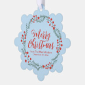Vrolijk Kerst bord blauw rood script rustieke kran Ornament Kaart (Links)