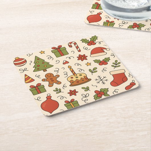 Vrolijk Kerst Doodle Patroon Kartonnen Onderzetters (Schuin)