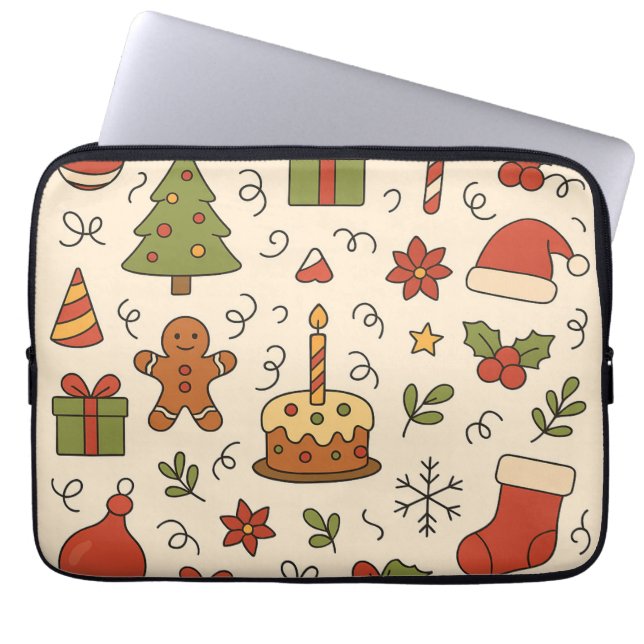 Vrolijk Kerst Doodle Patroon Laptop Sleeve (Voorkant)