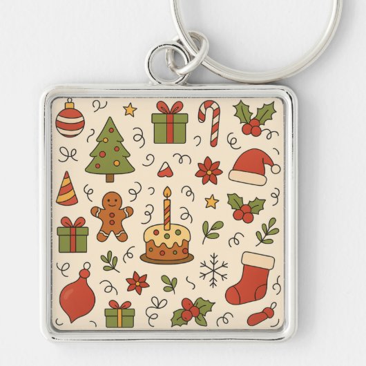 Vrolijk Kerst Doodle Patroon Sleutelhanger (Voorkant)