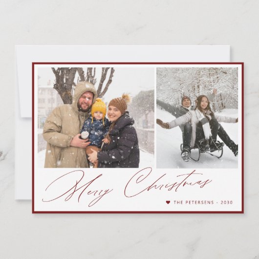 Vrolijk Kerst elegant script eenvoudig 3 foto rood Feestdagenkaart (Voorkant)