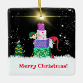 Vrolijk Kerst Elfen Met Kerstcadeaus Keramisch Ornament (Voorkant)