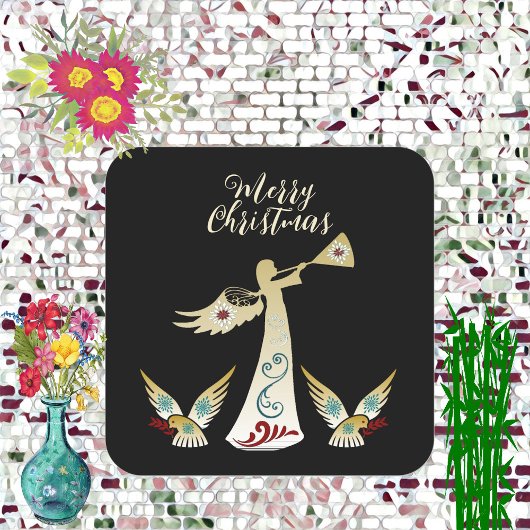 Vrolijk Kerst Engel Gouden Trompet Decoratieve Kun Vierkante Sticker