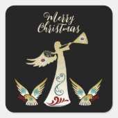 Vrolijk Kerst Engel Gouden Trompet Decoratieve Kun Vierkante Sticker (Voorkant)