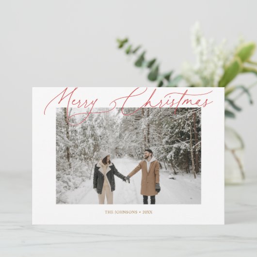 Vrolijk Kerst Fancy Script Foto Vakantie Kaart (Staand voorkant)