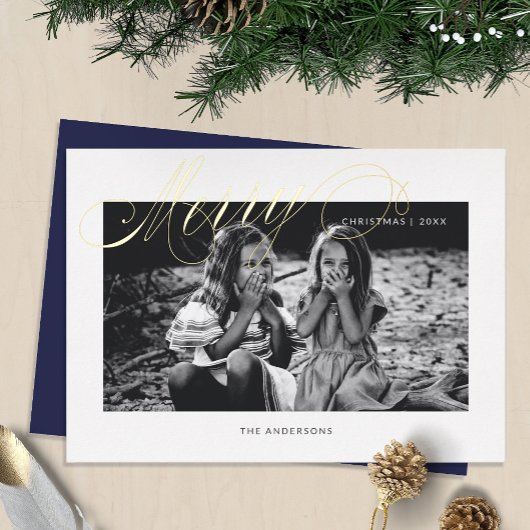 Vrolijk Kerst Fancy Script Modern Folie Feestdagenkaart