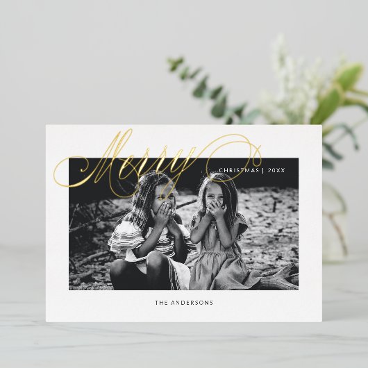 Vrolijk Kerst Fancy Script Modern Folie Feestdagenkaart (Staand Voorkant)