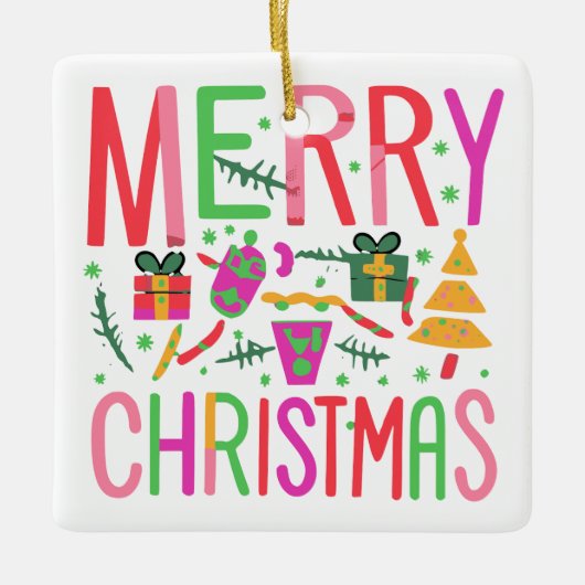 Vrolijk Kerst Keramisch Porselein Vierkant Ornamen Keramisch Ornament (Voorkant)