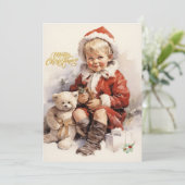 Vrolijk Kerst  Kind met Teddy Bear Feestdagenkaart (Staand voorkant)