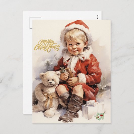 Vrolijk Kerst  Kind met Teddy Bear Feestdagenkaart (Voorkant / Achterkant)