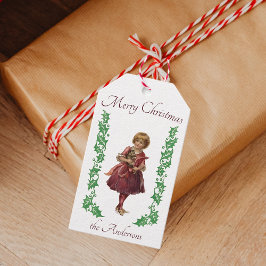 Vrolijk Kerst klein meisje en Holly Cadeaulabel