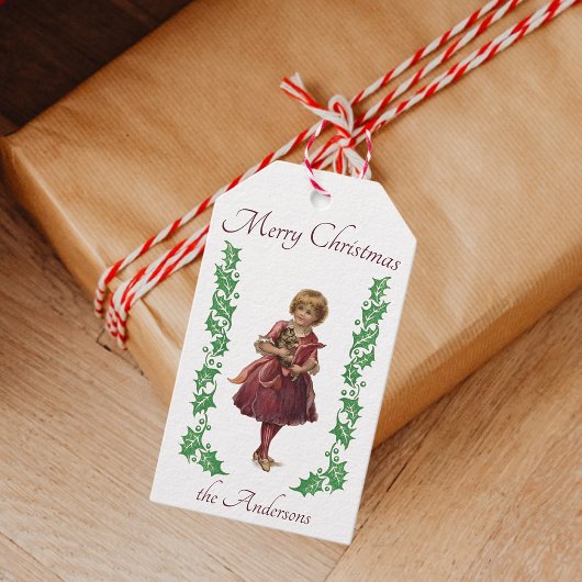 Vrolijk Kerst  klein meisje en Holly Cadeaulabel