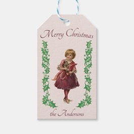 Vrolijk Kerst klein meisje en Holly roze Cadeaulabel