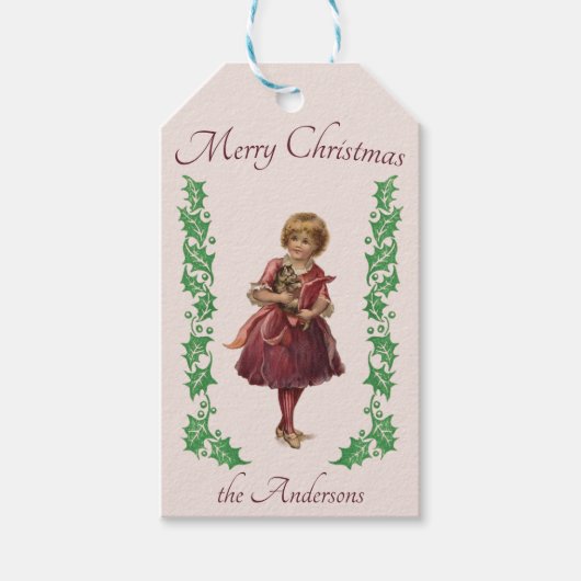 Vrolijk Kerst klein meisje en Holly roze Cadeaulabel (Voorkant)