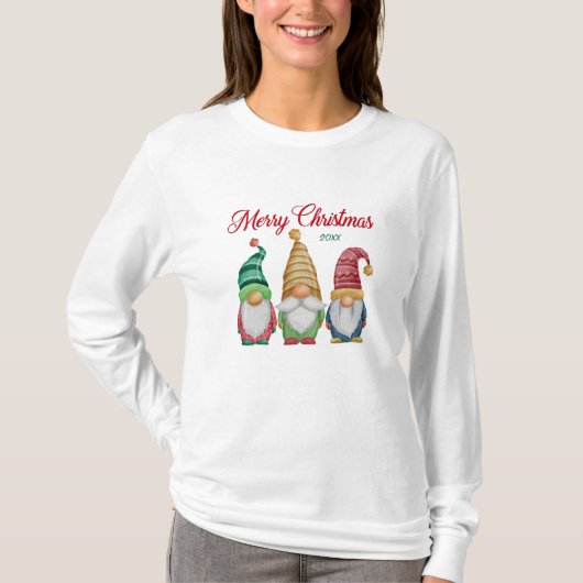 Vrolijk Kerst Kleurrijke Waterverf Tuin Gnomen T-shirt (Voorkant)