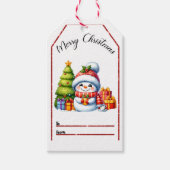 Vrolijk kerst label met sneeuwpop en cadeaus cadeaulabel (Voorkant)