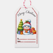 Vrolijk kerst label met sneeuwpop en cadeaus cadeaulabel (Achterkant)