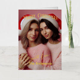 Vrolijk Kerst Lesbische Retro Roze | Aangepaste fo Folie Feestdagenkaart
