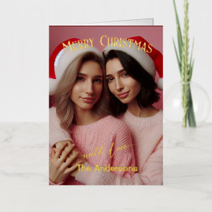 Vrolijk Kerst Lesbische Retro Roze Aangepaste fo Folie Feestdagenkaart